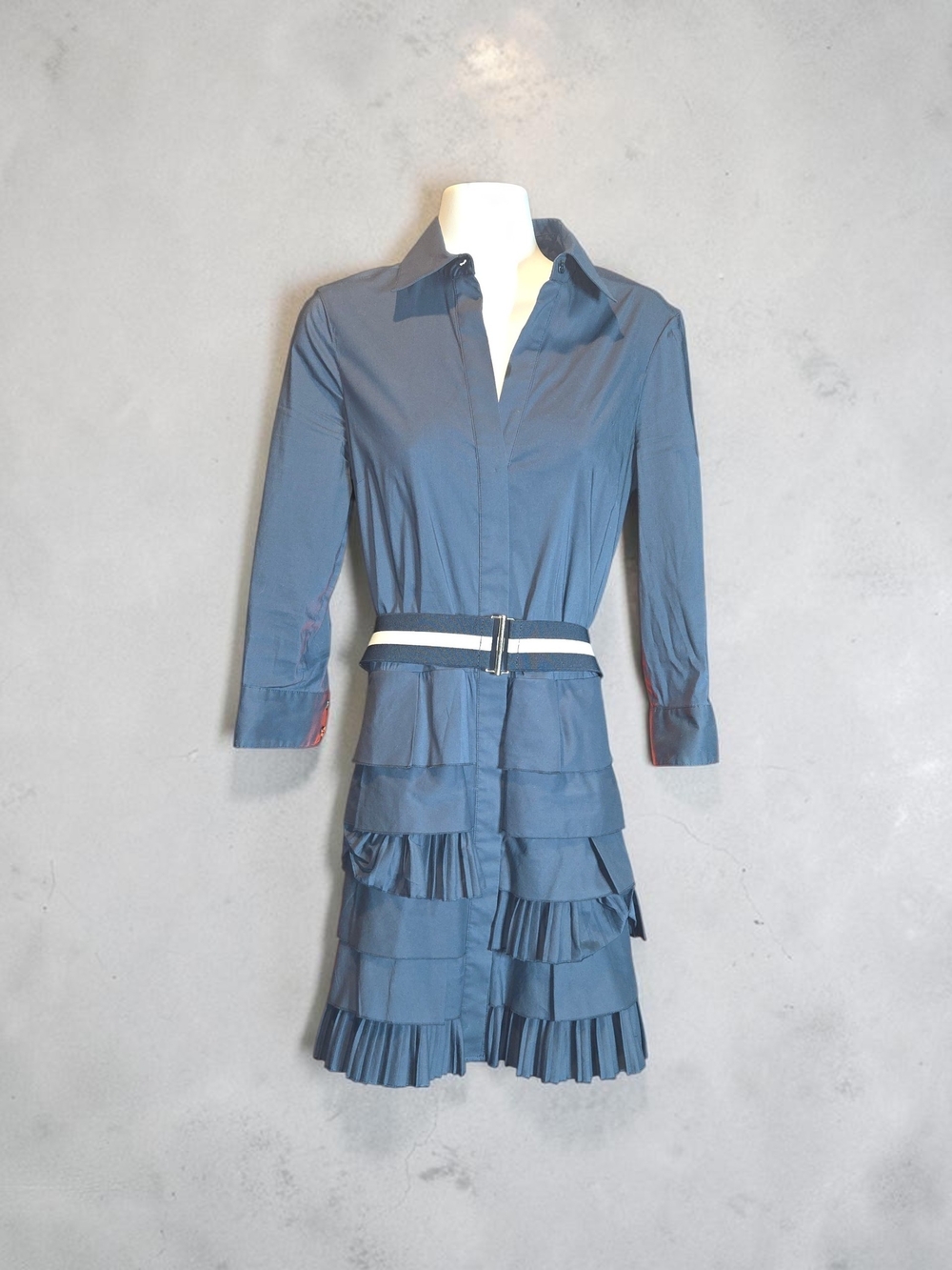 BCBG MaxAzria Slate Blue Tiered Ruffle Shirt Dress with Belt